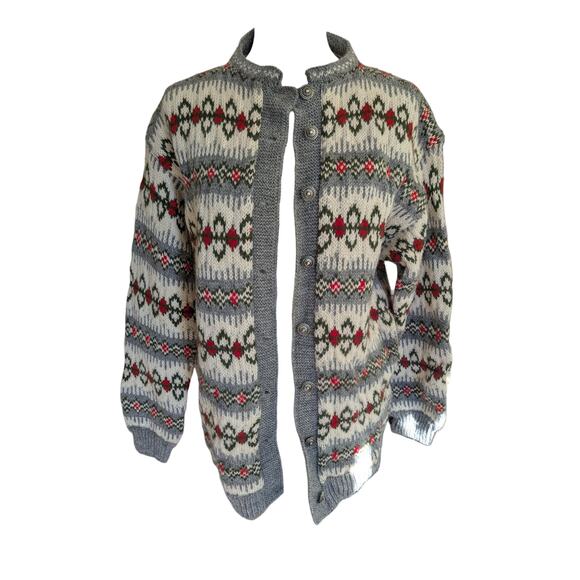 Vtg Nordic Wool Sweater Classic Fair Isle Metal Buttons Cream Gray Red - Picture 6 of 10